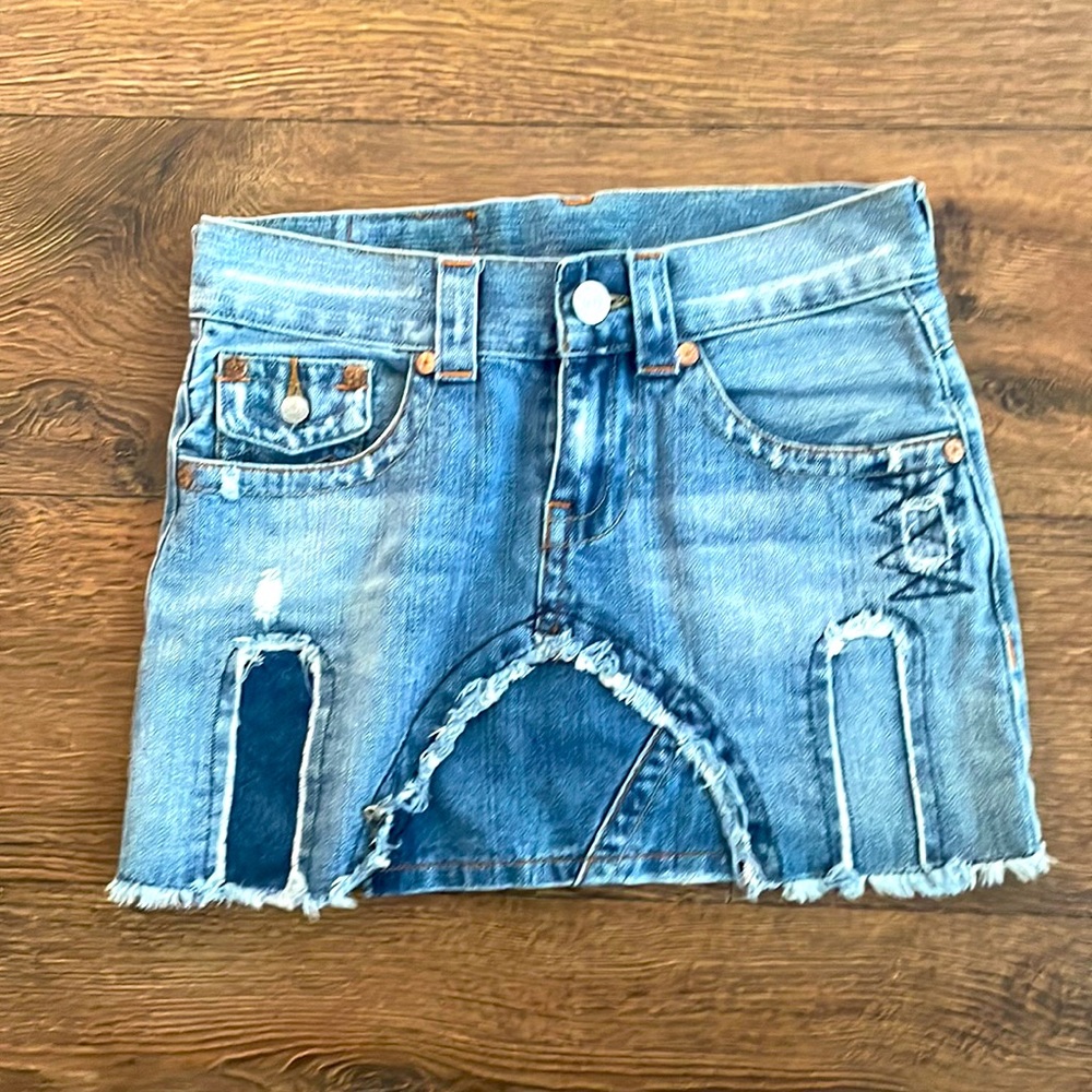 True Religion Denim Jean Skirt Vintage Distressed 27
